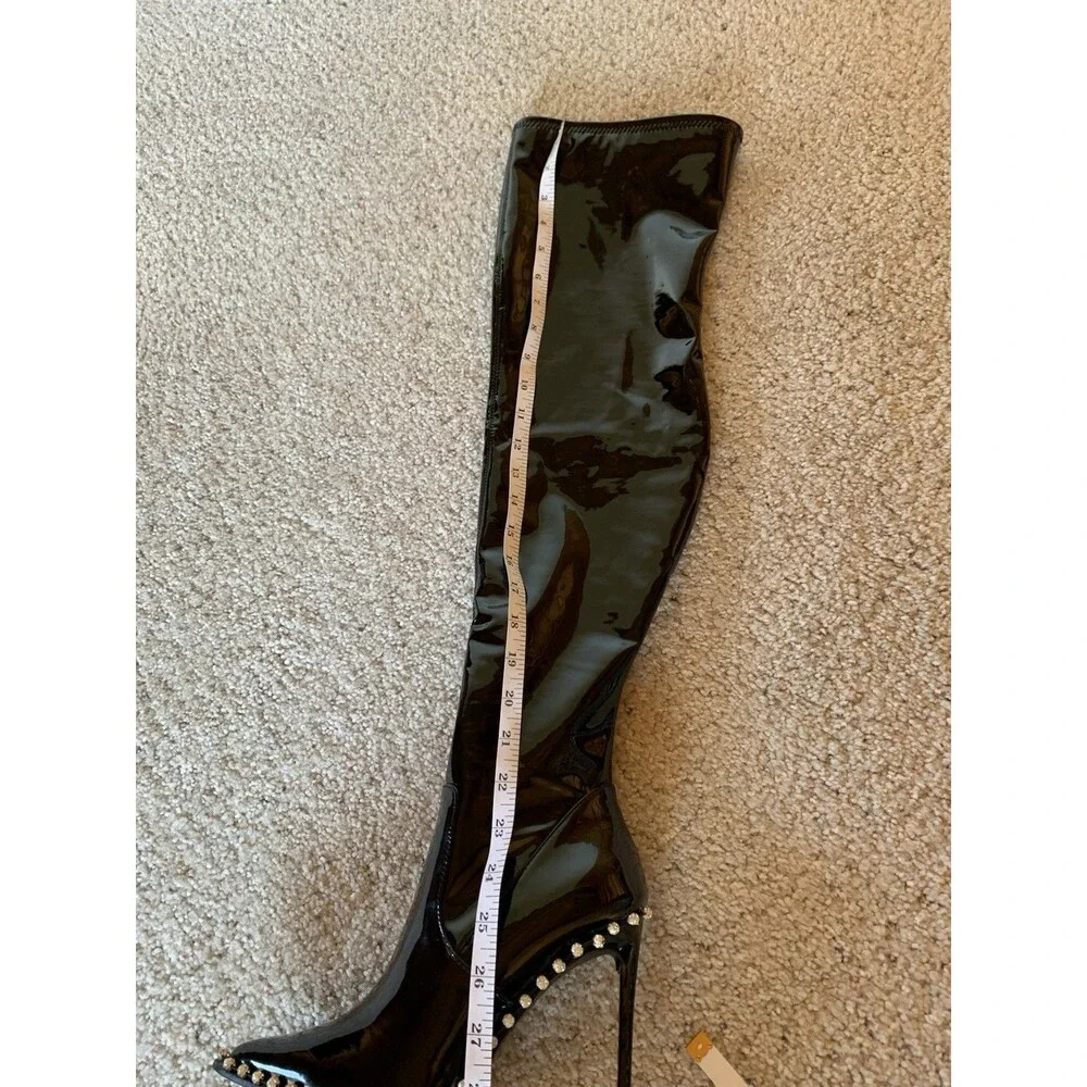 Steve Madden Vyva Black Rhinestone Thigh High Pantent Heeled Boots 7.5